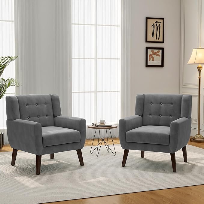 Accent Chair Mid-Century Modern Velvet Fabric Chairs with Arms for Living Room Comfy Upholstered Club Single Sofa Armchair for Bedroom Waiting Room with Solid Wood Frame (Velvet Grey Set of 1)