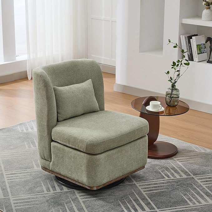 Modern Swivel Accent Chair 25.2 Wide Chenille Upholstered Armless Sofa Chair with Pillow 360° Swivel Reading Chair with Metal Base for Living Room Family Room Bedroom Lounge Area Office Pale Green