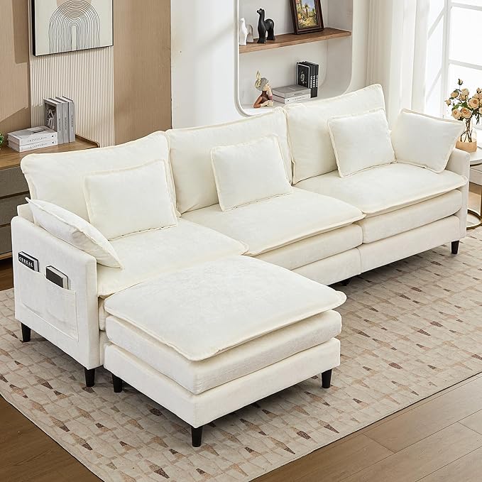 113 Chenille Modular Sectional Sofa Convertible L Shaped Modular Sofa Comfy Cloud Couch with Ottoman Side Pockets and 5 Throw Pillows for Living Room (Beige 113'' - 4 Seat)