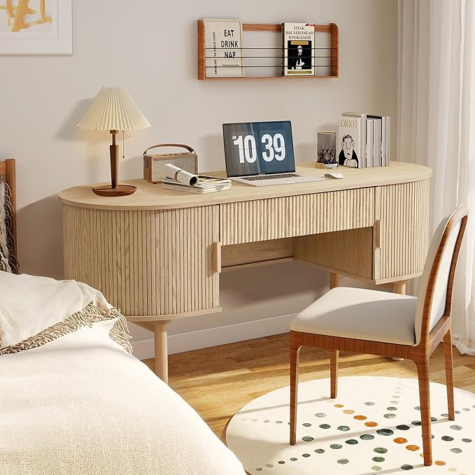 ORRD Home Office Oval Desk with Sliding Tambour Door and Drawer Modern Fluted Wood Executive Computer Storage Desk for Study Living Room Bedroom Office - Natural