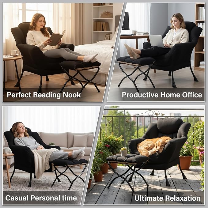 Cozy Lazy Chair and Ottoman Large Peach Black Contemporary Accent Chair Set Leisure Upholstered Reading Armchair for Office Bedroom Living Room Dorm Rooms Balcony