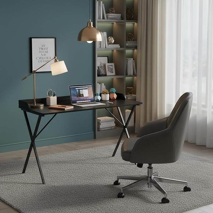 FurnitureR Home Office Writing Desk with Baffle 47.2 Computer Study Desk with X-Shaped Metal Legs Modern Laptop PC Table for Small Spaces Black