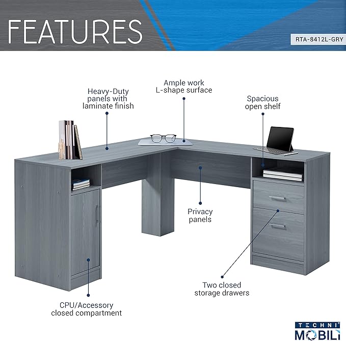 Techni Mobili Functional L-Shaped Computer Desk with storage L is ⁠59.5 wide x 59.5 Long Grey