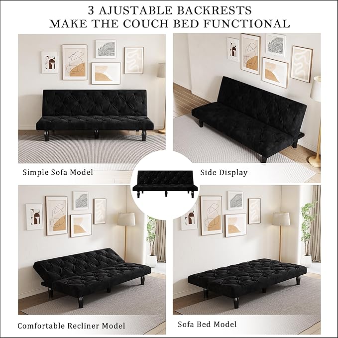 72 Pink Velvet Futon Couch Living Room Couch Bed Convertible Sleeper Sofa Bed with Cup Holder for Bedroom Guest Bed 2 Seater Reclining Sofas Couches with Nailhead Trim for Small Space (Black New)