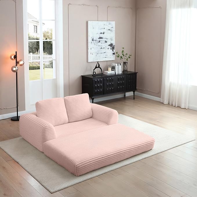 63 Corduroy Convertible Boneless Couch with Pull-Out Bed 2 in-1 Folding Convertible Sofa Bed with Pillows Loveseat Floor Sofa Couches for Living Room No Assembly Required (Pink) | Breathable Mater