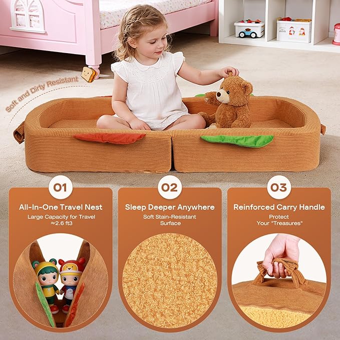 Toddler Travel Bed Sandwich Style - Portable Toddlers Floor Beds Foldable Soft Foam Travel Crib for Baby and Kid Washable Cover Toddler Cot with Safety Rail for Travel Medium Size