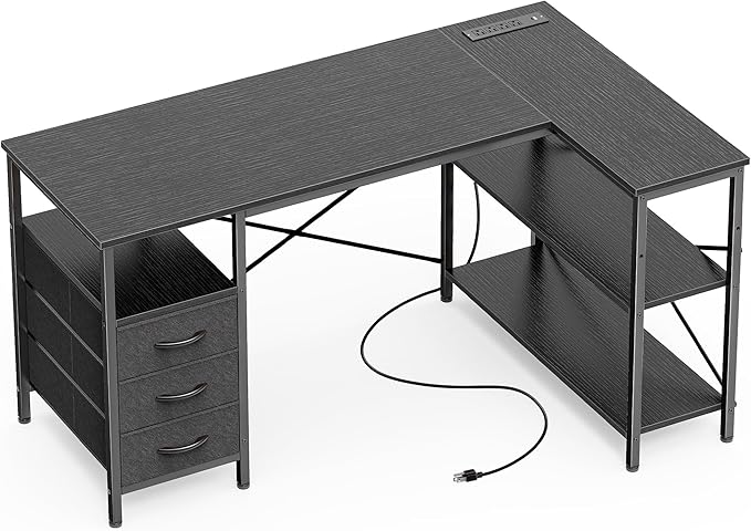 Huuger L Shaped Office Desk with Power Outlets 47 Inch Computer Desk with 3 Drawers Shelves for Gaming Corner Work Home Office Study Black