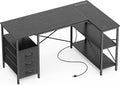Huuger L Shaped Office Desk with Power Outlets 47 Inch Computer Desk with 3 Drawers Shelves for Gaming Corner Work Home Office Study Black