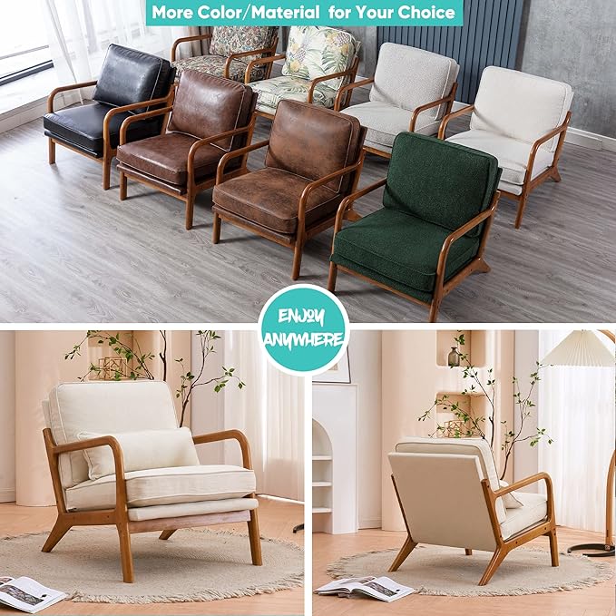 JOYBASE Lounge Accent Chair Mid Century Modern Chair Arm Chair Wood Frame Armchair for Living Room Bedroom (Off-White Fabric)