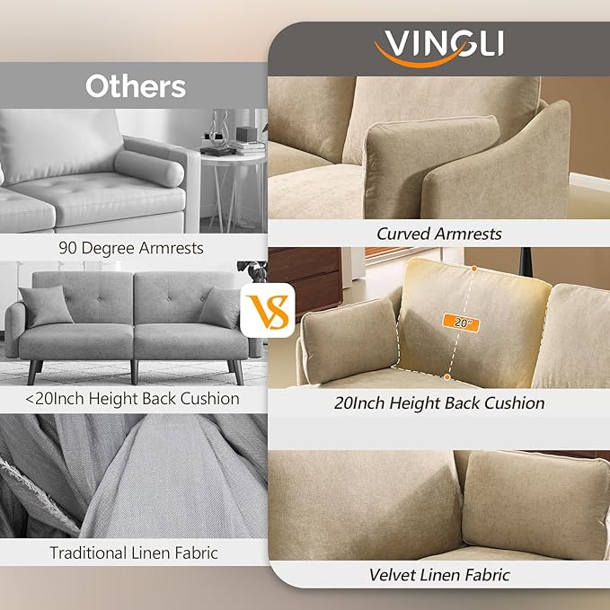 VINGLI 84 Extra Deep Seat Sofa Couch 3 Seater Upholstered Living Room Couches with 2 Piped Seater Cushions Throw Pillows Modern Linen Velvet Fabric Sofa for Apartment Bedroom Office | Piped Cushio