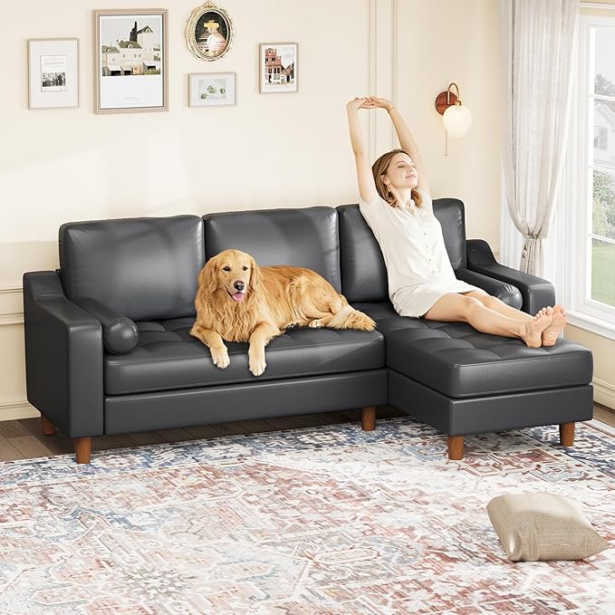 GarveeHome 88.9 L-Shape Couch with Convertible Chaise Sectional Sofa with Deep Seat Modern Mid-Century Leather Sofa for Living Room 3 Seat Comfy Leather Couch Black