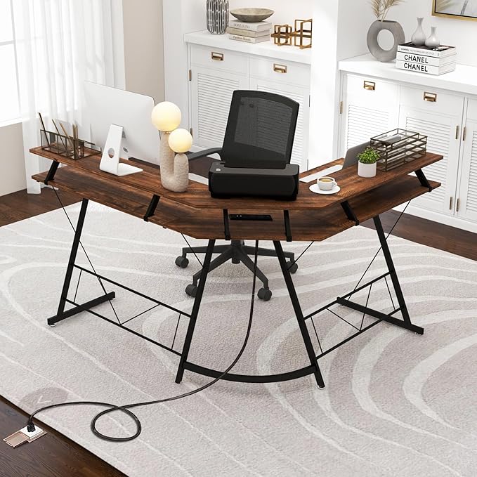 Tangkula L-Shaped Computer Desk with Power Outlet 51 Corner Computer Workstation with Monitor Stand Keyboard Tray &amp Headphone Hook Ergonomic Gaming Desk for Home Office (Rustic Brown)