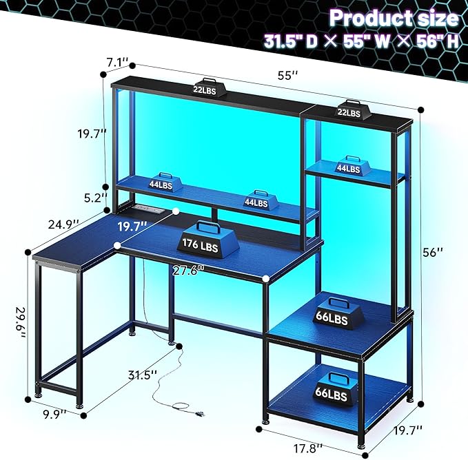 Gaming Desk with LED Lights &amp Outlets55 L Shaped Computer Desk with Shelves &amp Storage HutchReversible Corner Gaming Table with Printer Space &amp Monitor Stand for Home OfficeBlack