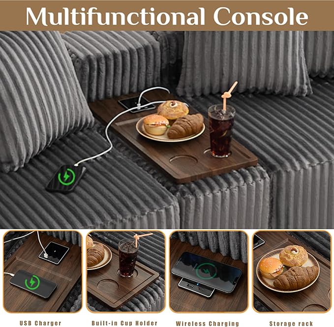 KEIKI 137.5 U-Shaped Sectional Sofa Large 6-Seater Modular Corduroy Couch with Movable Ottoman Smart USB &amp Wireless Charging Module Cup Holder Coffee Table Ideal for Home Gatherings