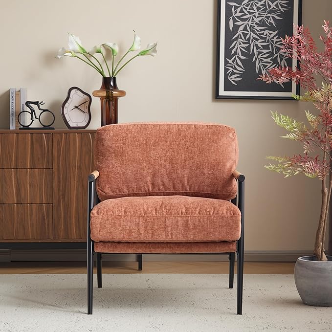 Christopher Knight Home Varsts 27.56 Accent Armchair with Plush Cushions Modern Seating Club Chair Minimalist Metal Frame and Wooden Armrest Design for Cozy Living Room Bedroom Office Orange