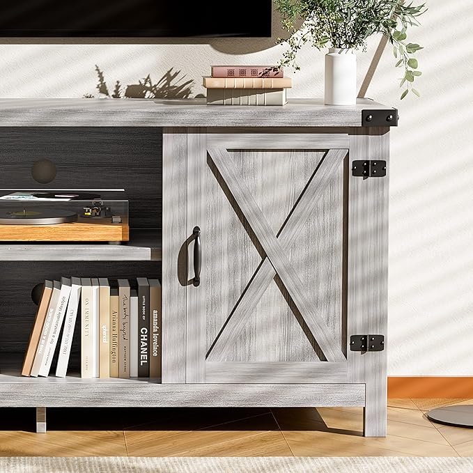 JUMMICO TV Stand 65 Inch TV Farmhouse Entertainment Center with Double Barn Doors and Storage Cabinets Console TV Table Media for Living Room Bedroom (Grey)