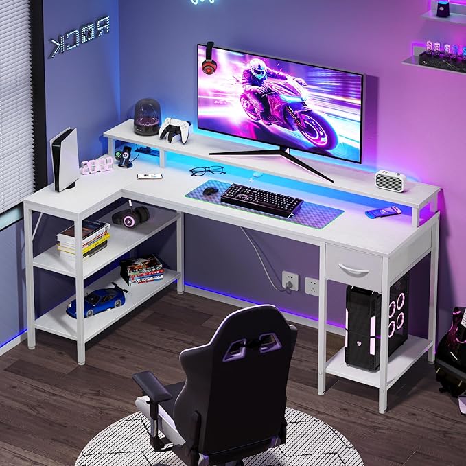 DUMOS 53” Gaming Desk with USB Charging Ports &amp LED Lights Reversible L Shaped Desks Computer Corner Gamer Table with Power Outlets Monitor Stand Storage Shelves for Home Office Small Space Whit