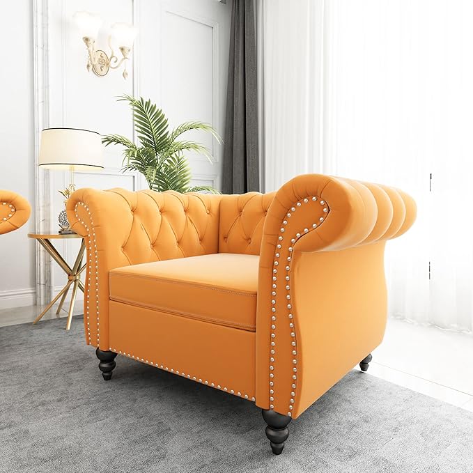 Accent ChairVelvet Chesterfield Sofa Modern Tufted Couch 1 Seater Sofa with Scroll Arms and Nailhead for Living Room Yellow