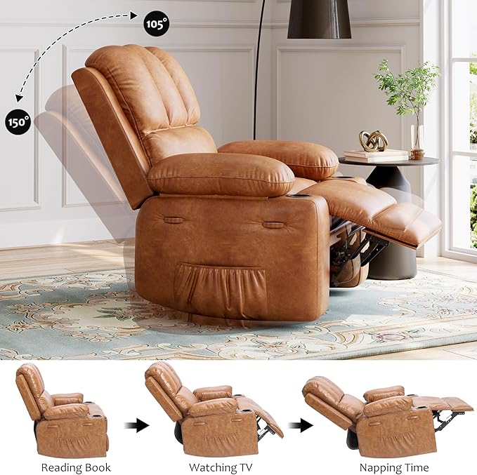 22 in Leather Recliner Chair for Adults Overstuffed Manual Recliner Single Sofa with Cup Holder &amp Side Pockets 400 LBS Capacity Upholstered Chair for Living Rooms Brown