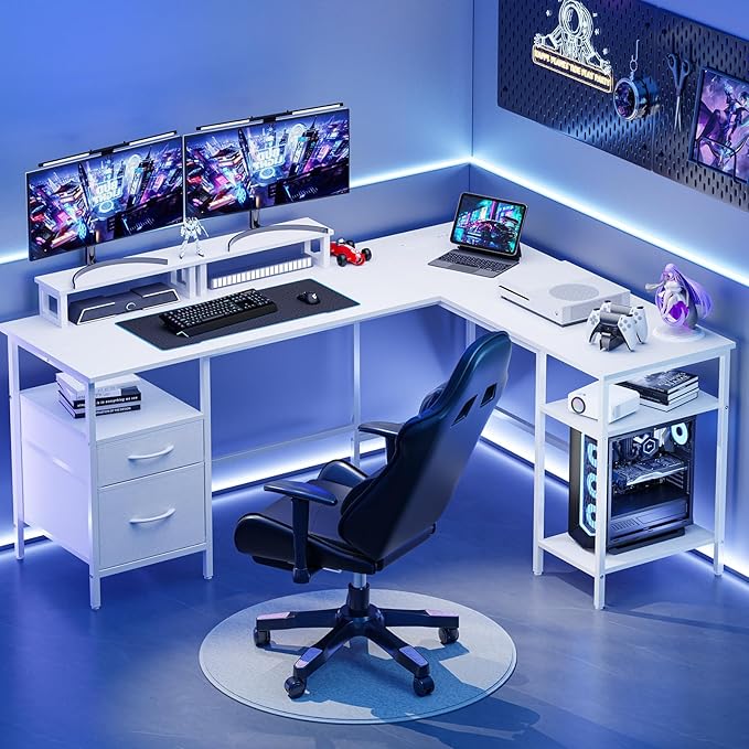 DUMOS 62 Inch L Shaped Gaming Desk with Charging Station &amp 2 Monitor Stands Computer Desk with Drawer &amp Adjustable Storage Shelves Large Corner Desk for Home Office White