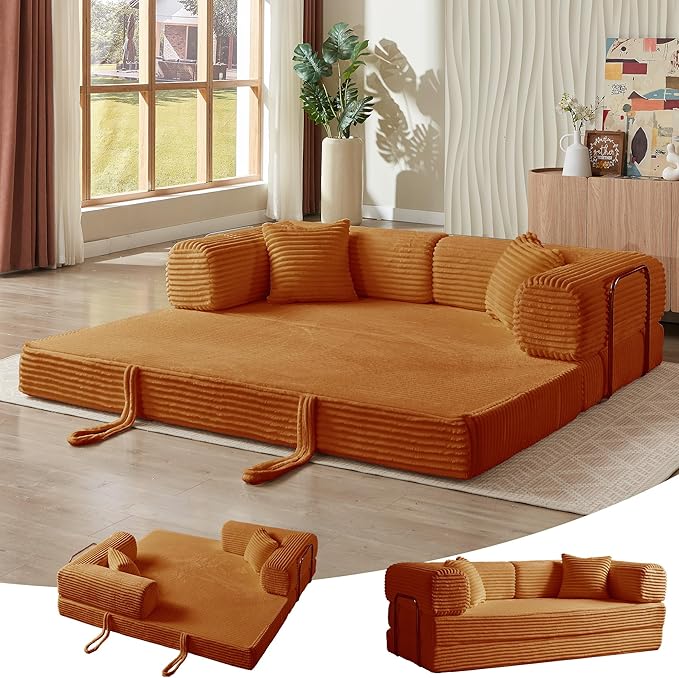 Convertible Folding Sofa BedFold Out Floor Sofa Couch with Fixed-Shape FrameCorduroy Foldable Mattress Cloud Couch for Living Room Bedroom (Orange 81 Inch)