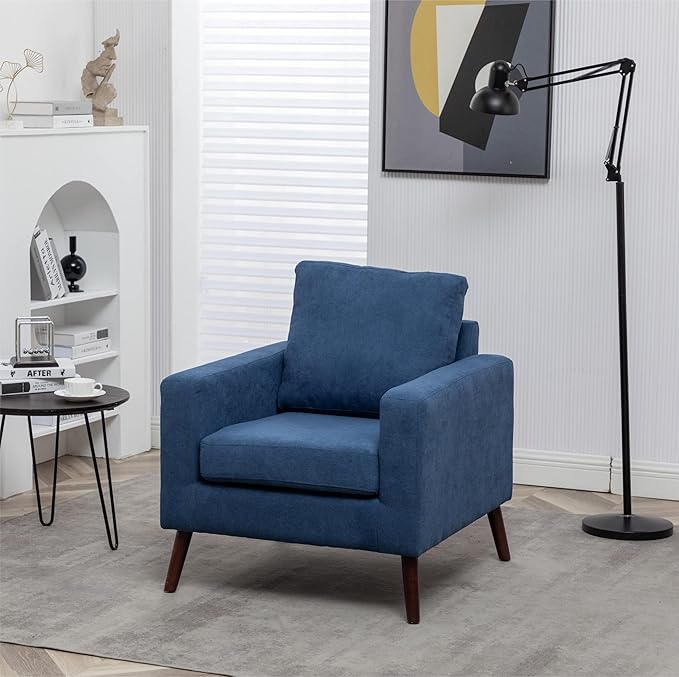 Modern Armchair Living Room Chair upholstered Upholstery Chair with Solid Wood Legs Sofa for Home Office Guests Dark Blue