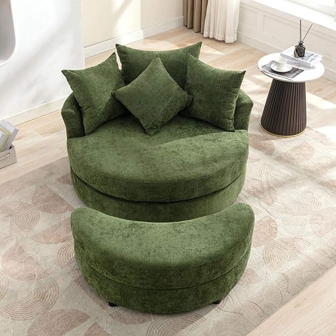 Yoglad Oversized Round Swivel Accent Chair - Modern 360 Degree Barrel Chairs with Storage Ottoman for Living Room Bedroom(Chenille - Green)