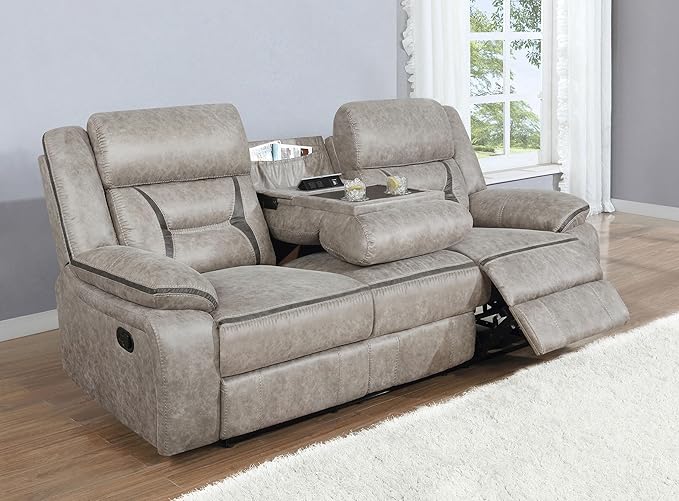 Coaster Home Furnishings - Greer - Fabric - Upholstered Motion Reclining Sofa with Drop-Down Console Stainless Steel Cupholders - Living Room - 30-Inch - Taupe - 651351