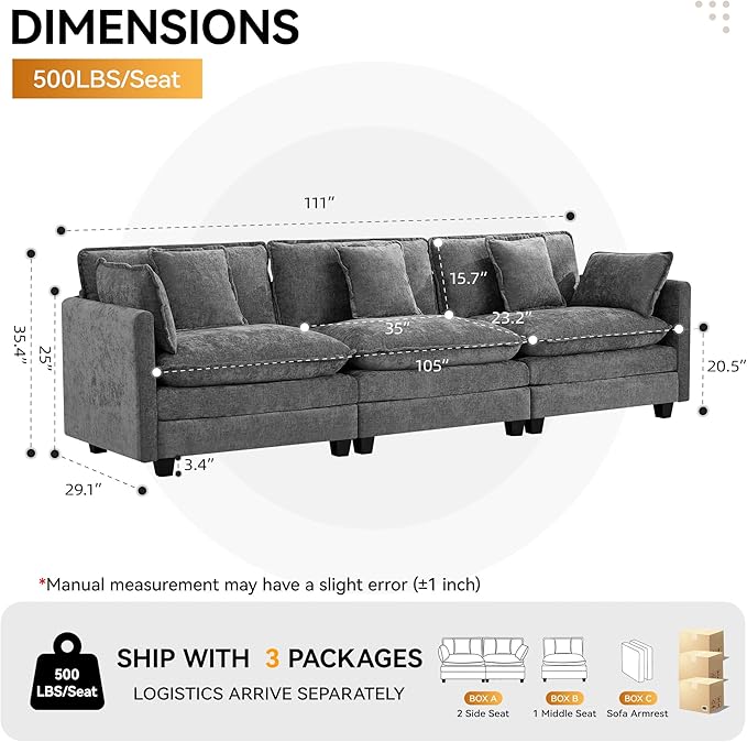111'' Sectional Cloud Deep Seat Couch Modern Comfy Chenille Modular Sectional Sofa for Living Room Set Upholstered Modular 3-Seats Sofa Couch Grey