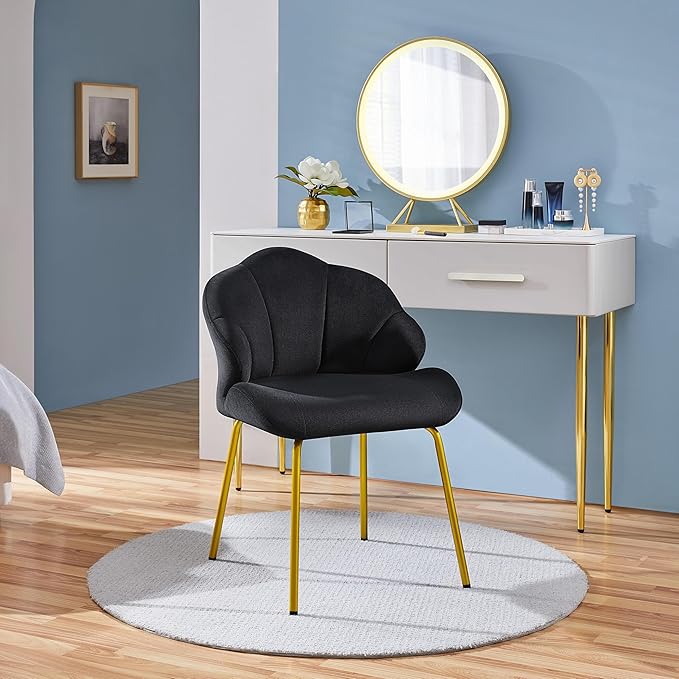 Yaheetech Vanity Chair Velvet Accent Chair with Shell-Shaped Backrest Modern Armchair with Gold Metal Legs for Dressing Room/Bedroom/Living Room Black