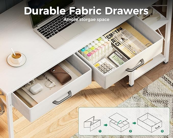 Coleshome Small Computer Desk with Drawers 40 Inch Reversible Home Office Desk with Storage Shelves Study Laptop Vanity Table for Bedroom Small Space White