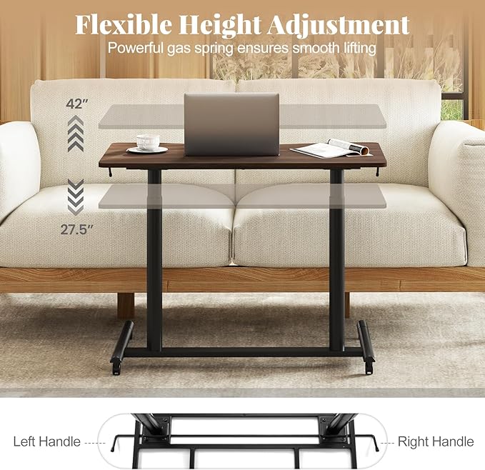 Giantex Mobile Standing Desk Height Adjustable Computer Desk with Wheels &amp Aluminum Frame C Shaped Sofa Side Table Portable Laptop PC Workstation Compact Rolling Desk for Small Space (Brown)