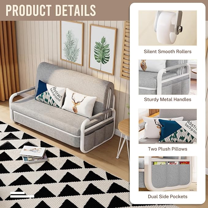 62 Pull Out Sofa Bed 3 in 1 Convertible Sleeper Sofa Full Size Loveseat Couch Bed with Storage Trundle and 2 Pillows for Living Room Bedroom Dorm Office RV (Stone Gray-809)