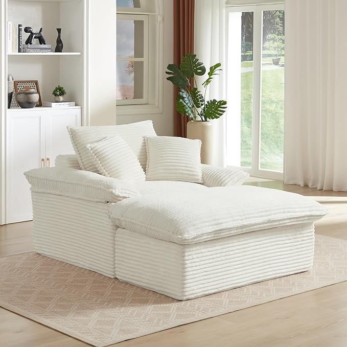 52 Boneless Chaise Lounge – Oversized Chaise Lounge Chair Indoor with Ottoman Cup Holder &amp 3 Pillows Corduroy 3-in-1 Floor Sleeper Chair Bed for Adults Reading NappingWhite