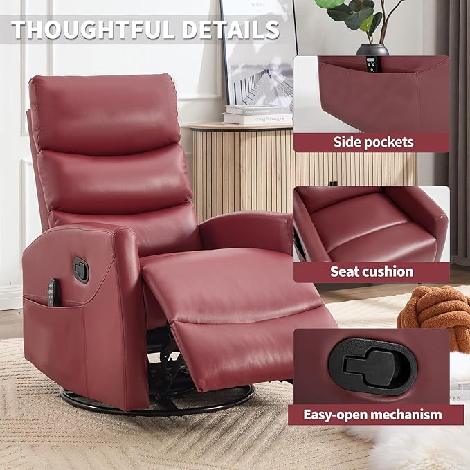 Massage Chair Recliner with Heat Swivel Rocking Chair Recliner with High Back Manual Lazy Boy Recliners for AdultsSmall Recliner Chair for Small Spaces Living Room Bedroom Fabric (Red)