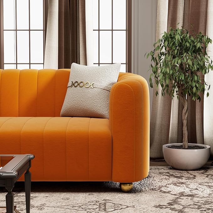 KEAI 83.46 Velvet Couch for Living Room Large Modern Sofa with Gold Metal Sphere Legs Office Upholstered Comfy 3 Seater Couches Cute Sherpa Bedroom Furniture (Orange)