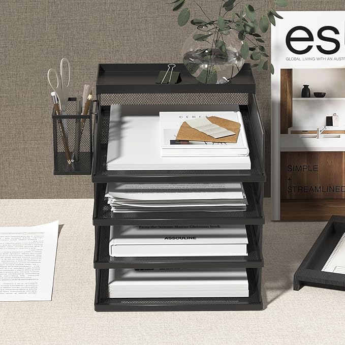 Stackable Letter Trays 4 Tier Metal Paper Tray &amp Desk Organizer Stackable File Trays for Office &amp Home Multi-Functional Document Tray with Fine Grid Design &amp Magnetic LabelsBlack