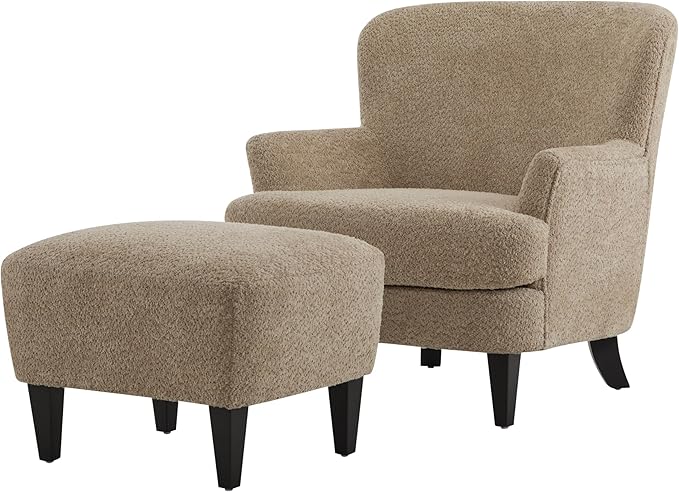 Christopher Knight Home Winnie Accent Chair and Ottoman Set Living Room/Bedroom Wooden Comfy Reading Chair with Footrest Stool Boucle Upholstered Wingback Single Sofa Brown