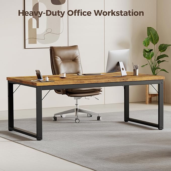 Mericonia 48 Inch Computer Desk with Power Outlets 1.2 Thick Heavy Duty Industrial Office Desk Modern Simple Study Writing Table for Home Bedroom Workstation Brown