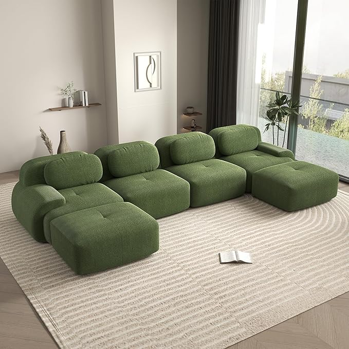 152.7 Inch U-Shaped Modular Sectional Sofa 4-Seater Cloud Couch with Deep Seat Boneless Couch with Pillows for Living Room Apartment Green