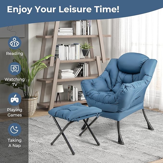 KOMFOTT Lazy Chair with Ottoman Set of 2 Leisure Upholstered Reading Sofa Chair with Armrests &amp Side Pocket Modern Lounge Accent Chair with Folding Footrest for Living Room Bedroom Balcony Bl