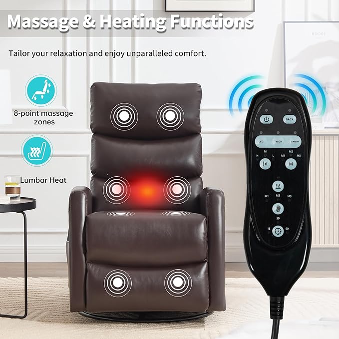 PELUMY 360° Swivel Rocker Recliner with Heat &amp Vibration Massage Glider Rocking Chair for Adults Compact Recliner for Living Room Small Spaces Nursery Bedroom (Breathable Leather Brown)