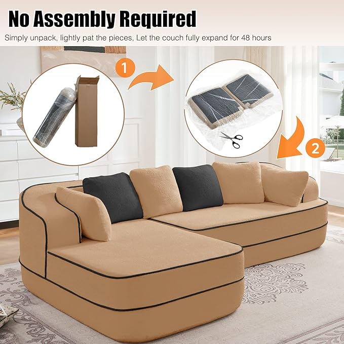 105.9 Modular Sectional Couch Sofa for Living RoomHigh Density Sponge Boneless Sofa with Left ChaiseL-Shaped Cloud Couch with Soft Teddy FabricNo Assembly RequiredCamel