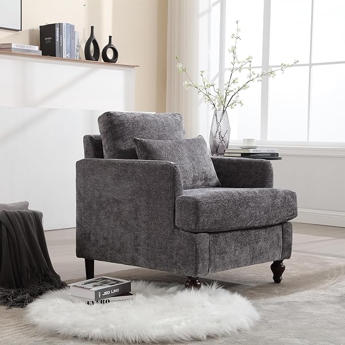 Mid Century Modern Accent ChairsChenille Upholstered Armchair with Rubber Wooden LegsComfy Reading Chairs with Scooped Arms for Living RoomBedroom (Gray)