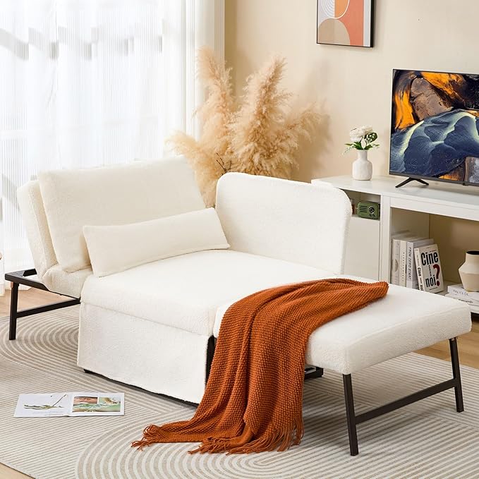 Sleeper Chair Bed Upgrade 4-in-1 to 5-in-1 Convertible Multi-fuction Sofa Chair w/Adjustable Backrest Assembly-Free Linen Folding Sofa Ottoman Bed for Living Room Apartment (Wool White)