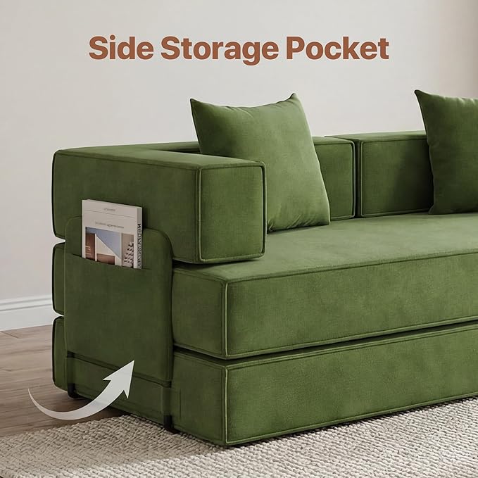 Claiks 4-in-1 Convertible Sofa Bed82 Inch Compression Sofa with Corduroy Fabric Pull Out Sleeper Sofa with 2 Pillows &amp 4 Side Pockets for Living Room Bedroom ApartmentNo Assembly RequiredGreen.