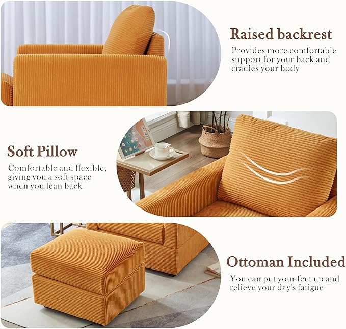 Aoiy &amp Wifon Accent Chair with Ottoman Upholstered Reading Chair with Ottoman Comfy Armchair with Wooden Legs Corduroy Orange