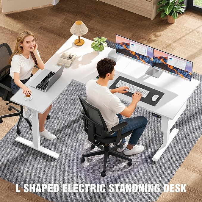 L Shaped Electric Standing Desk63 Inch Adjustable Height Sit to Stand Corner Desk with Memory Presets Reversible Computer Table for Home Office Work and Study White