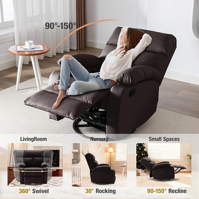 Rocking Recliner 360° Swivel Recliner Chairs for Adults Small Rocker Recliners for Small Spaces Living Room Bedroom Nursery RV Brown