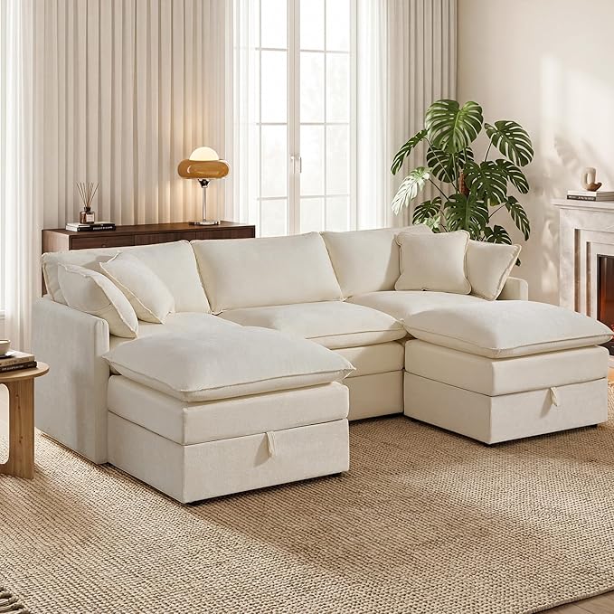 Modular Sofa with Storage 103 U-Shape Sectional Cloud Couch Deep Seat Comfy Fabric Couch for Living Room (Beige Chenille) | Convertible Storage Deep Seat Design Sturdy Wood Frame Effortless Asse